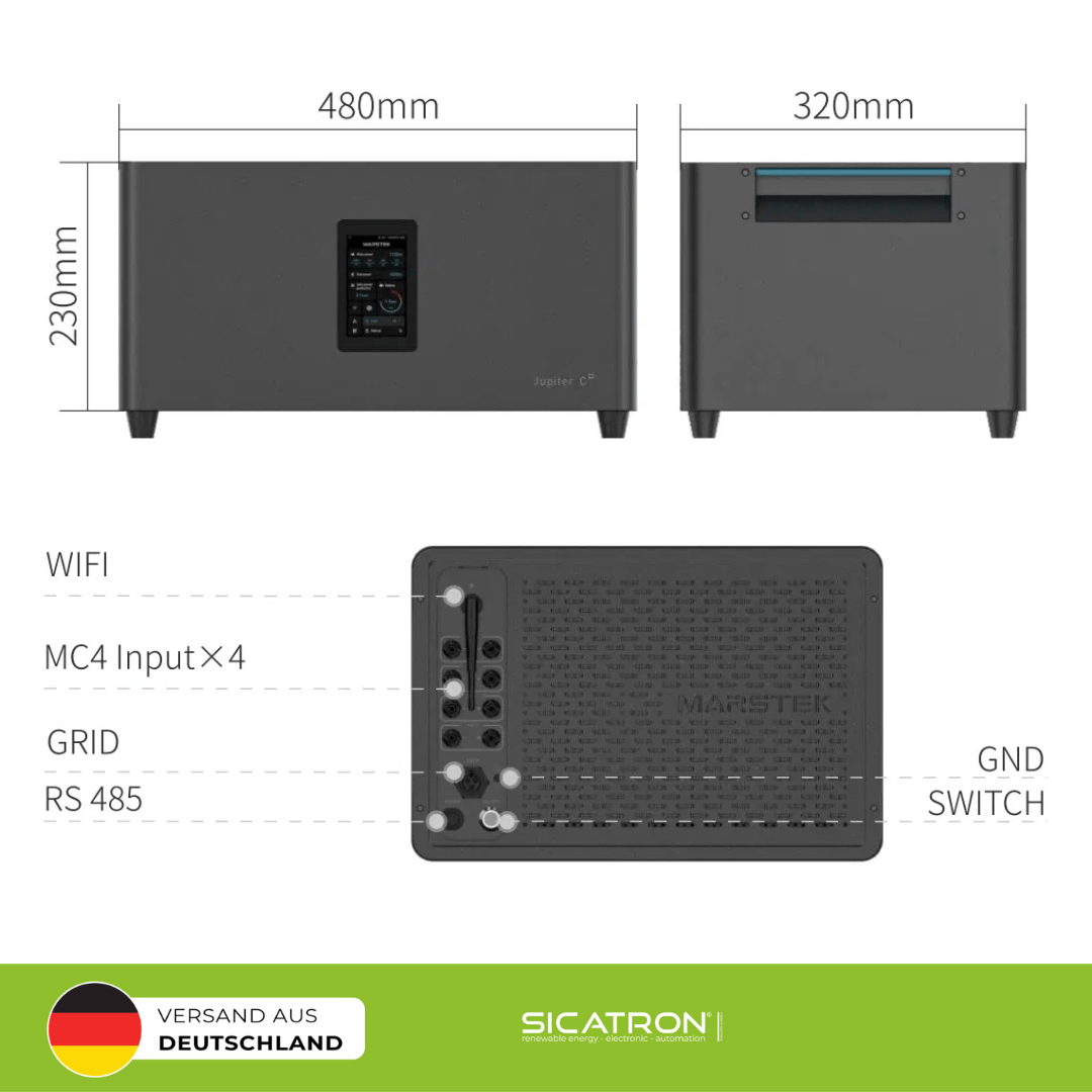 Sicatron 2000W Balkonkraftwerk - 4x 500 Watt - Marstek Jupiter C plus & Erweiterungsbatterie 5,12 kwh