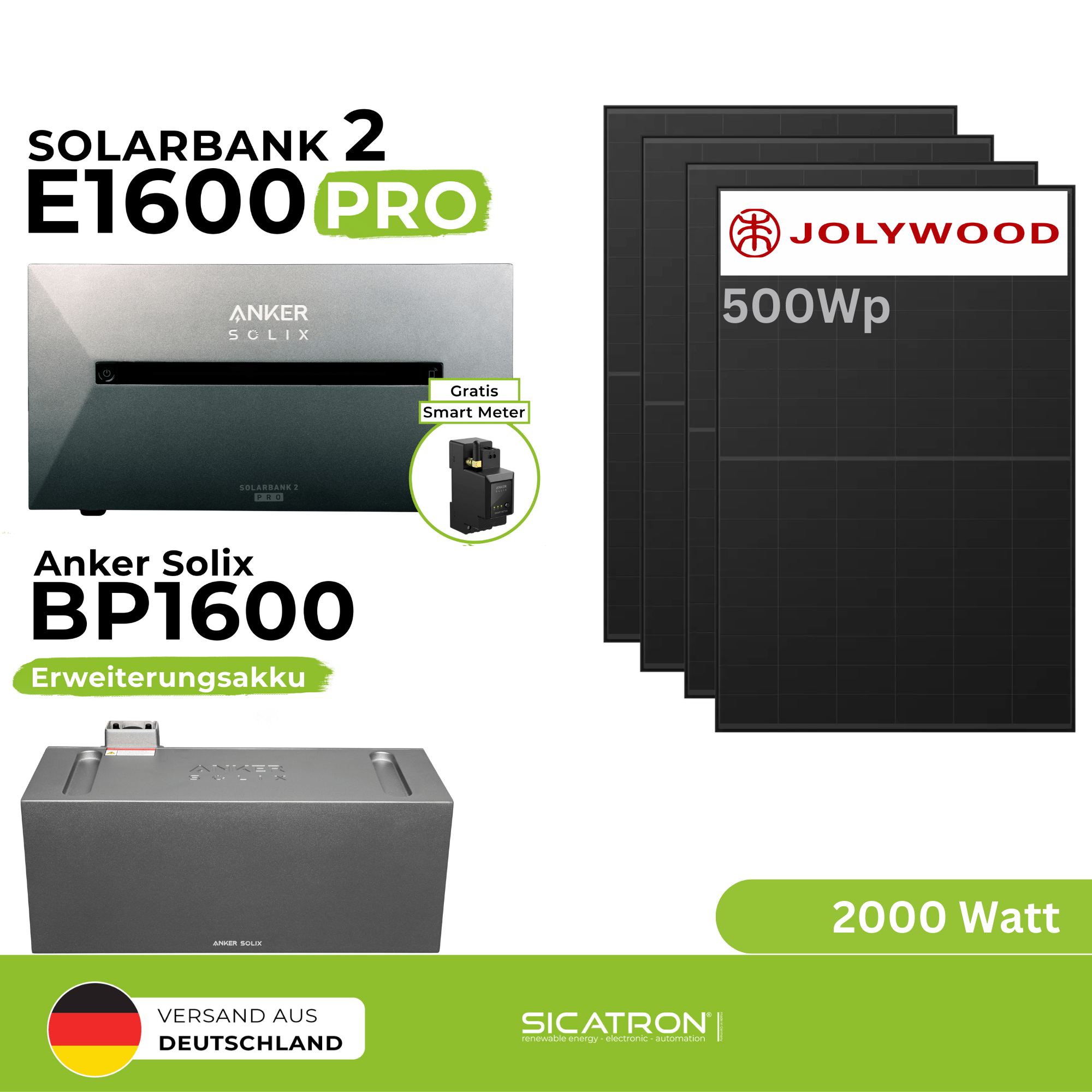 Sicatron 2000W Balkonkraftwerk - 4x Jolywood Bifazial - Anker Solix E1600 Pro - Anker Solix BP1600