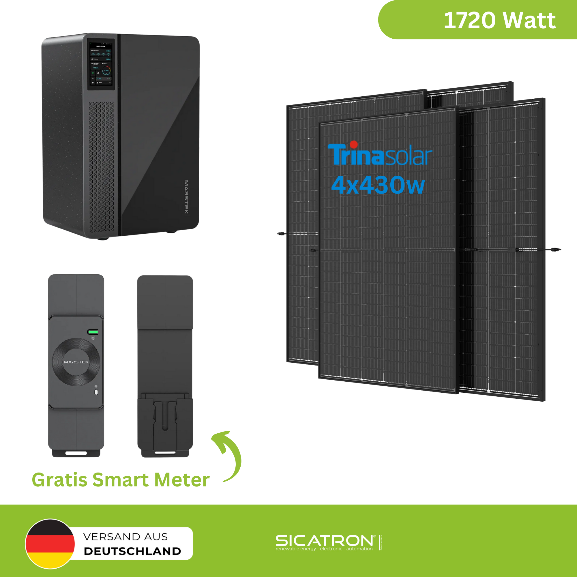 Sicatron 1720W Balkonkraftwerk - 4x Trina Solar 430W Bifazial- Jupiter-C Speicher 2560Wh mit CT002 Smart Meter