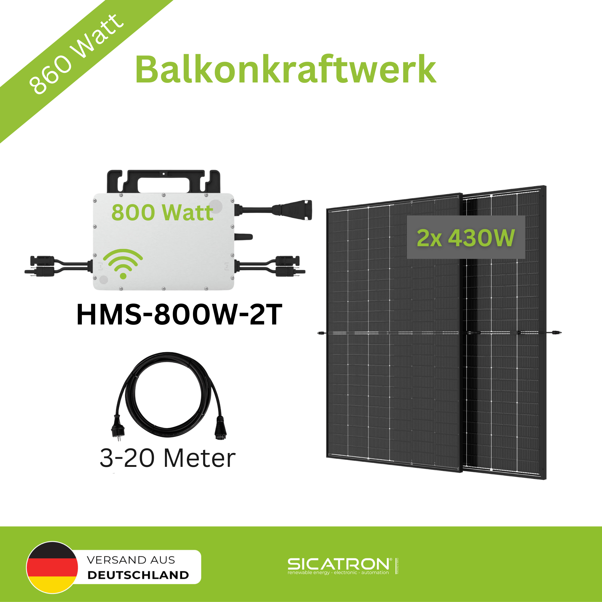 Sicatron 860W Balkonkraftwerk - 2x 430W Bifazial Trina Solar - HMS-800W-2T