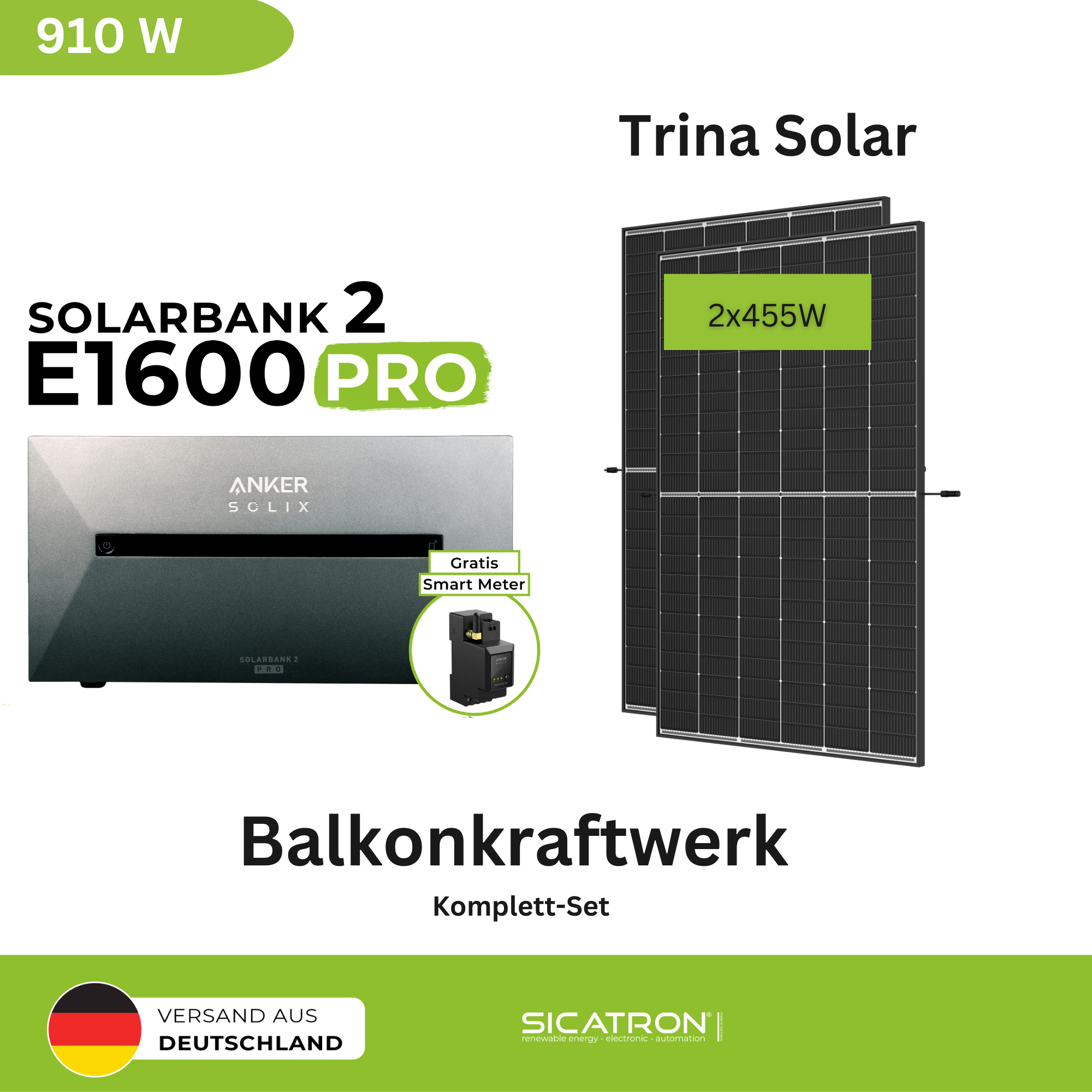 Sicatron 910W Balkonkraftwerk - 2x 455 Trina Solar- Anker Solix E1600 Pro