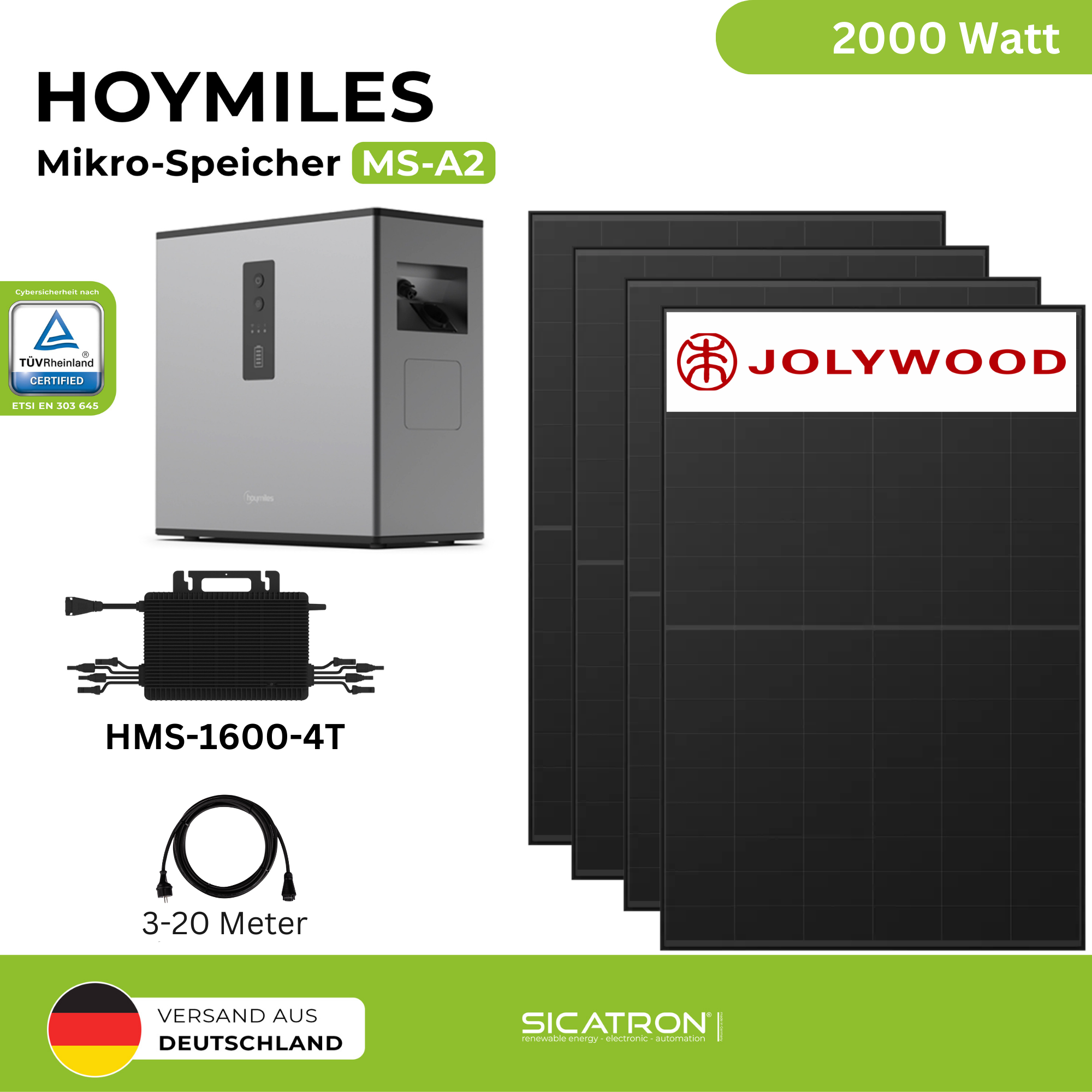 Sicatron 2000W Balkonkraftwerk - 4x Jolywood - HMS-1600-4T - Hoymiles MS-A2 Speicher