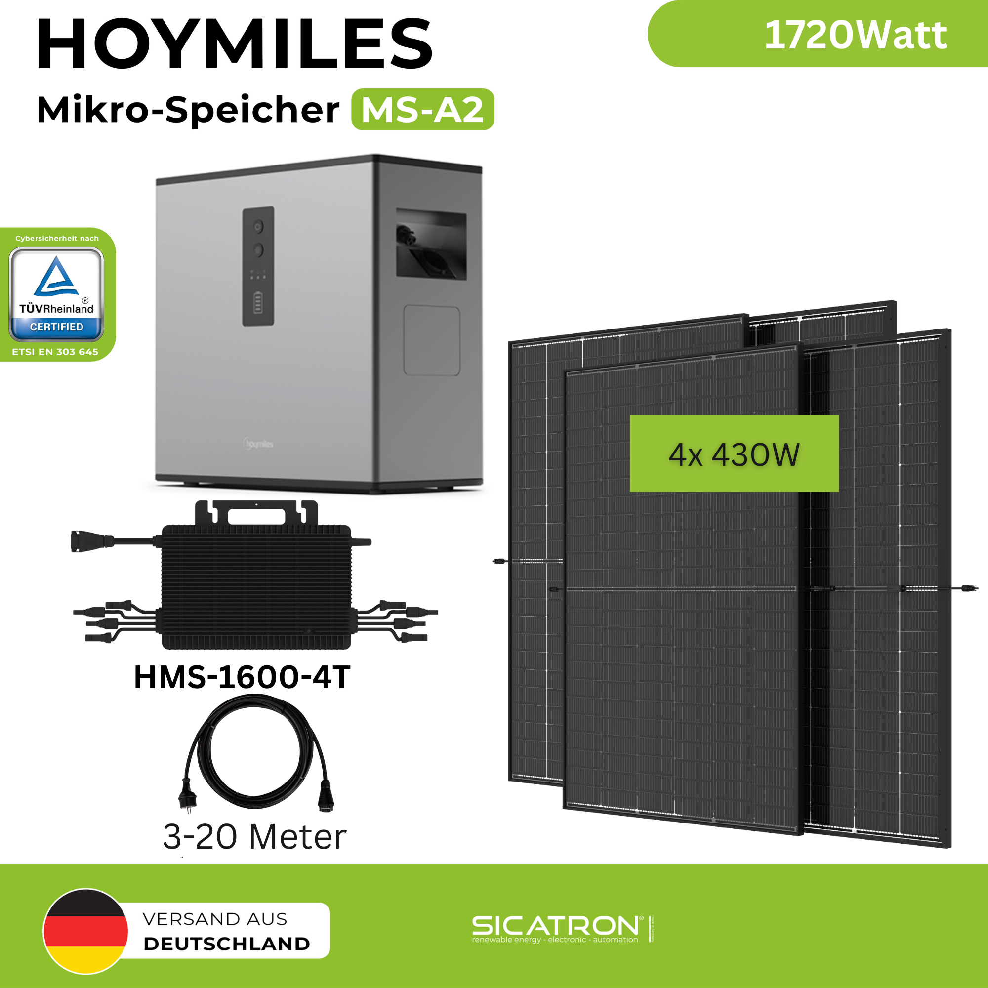 Sicatron 1720 Balkonkraftwerk - 430W Bifazial Trina Solar - HMS-1600-4T - Hoymiles MS-A2 Speicher
