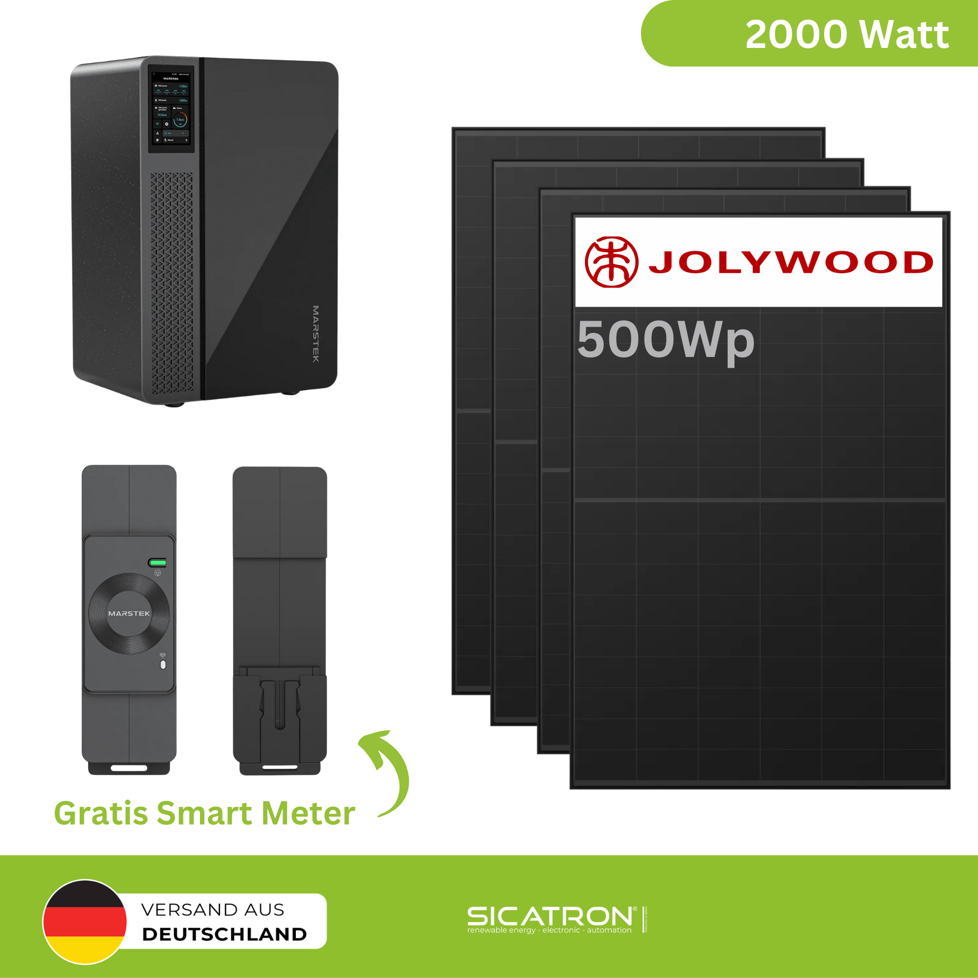 Sicatron 2000W Balkonkraftwerk - 4x Jolywood 500W Bifazial - Jupiter-C Speicher 2560Wh mit CT002 Smart Meter