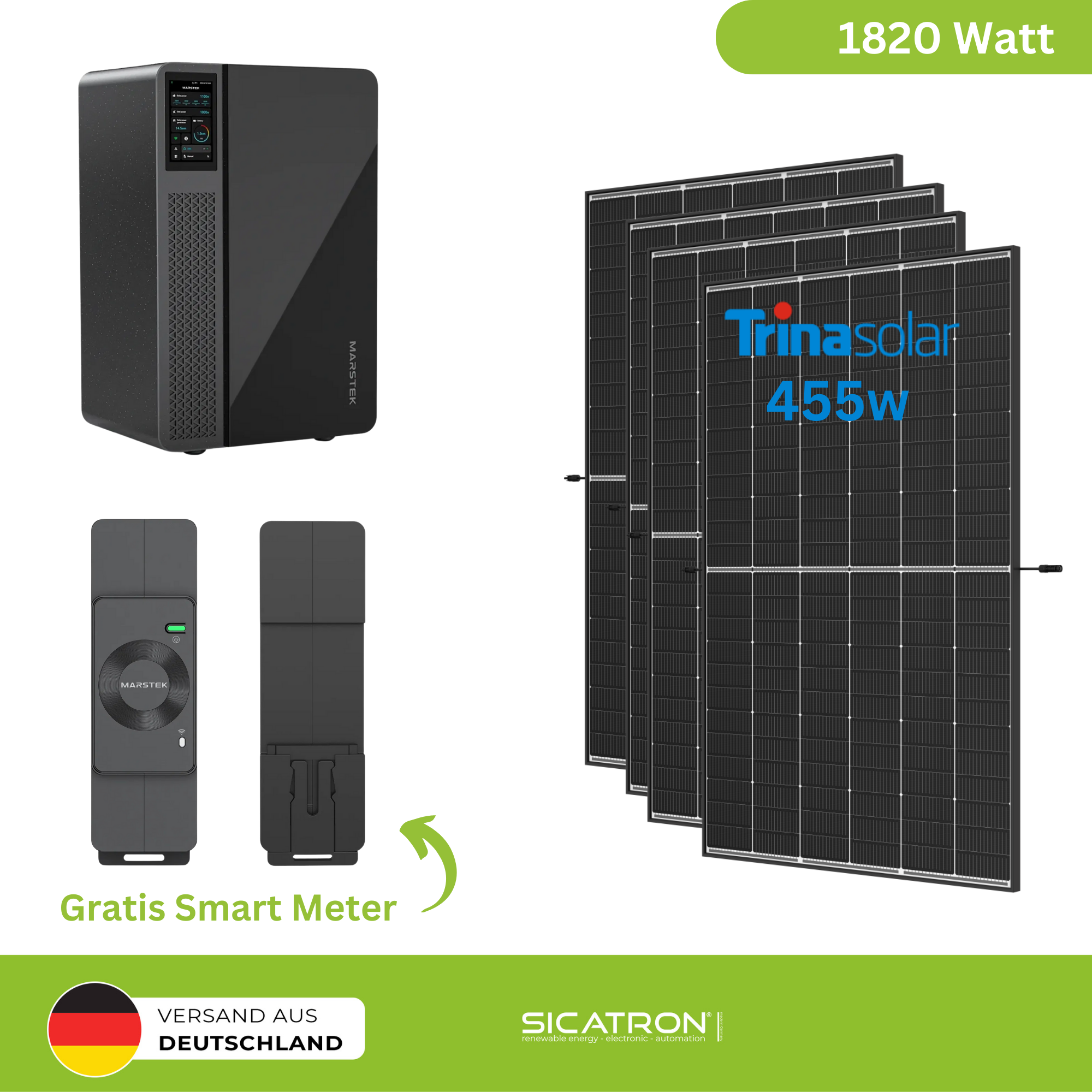 Sicatron 1820W Balkonkraftwerk - 4x Trina Solar 455W- Jupiter-C Speicher 2560Wh mit CT002 Smart Meter