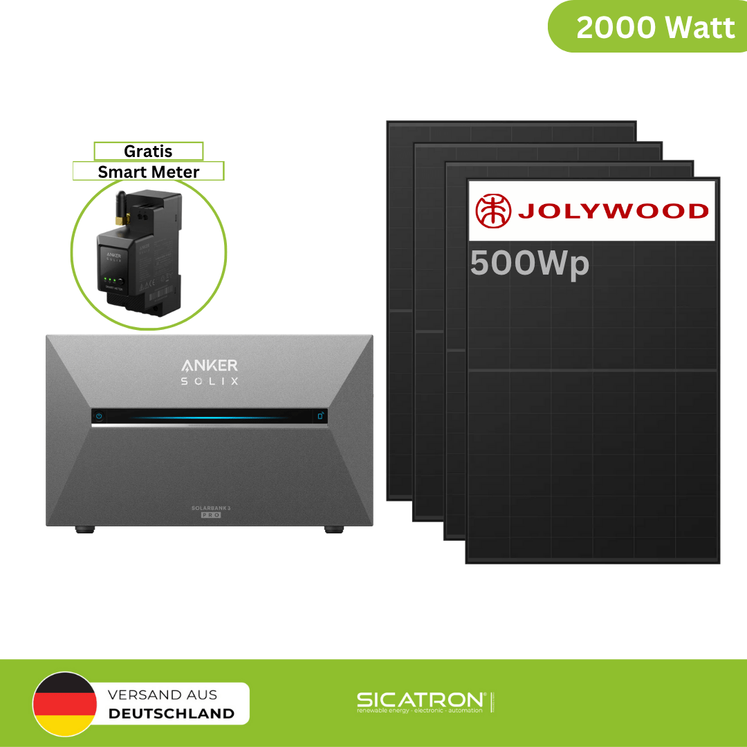 Sicatron 2000 Watt Balkonkraftwerk - 4x Jolywood 500W bifazial - Anker Solix 3 E 2700 Pro