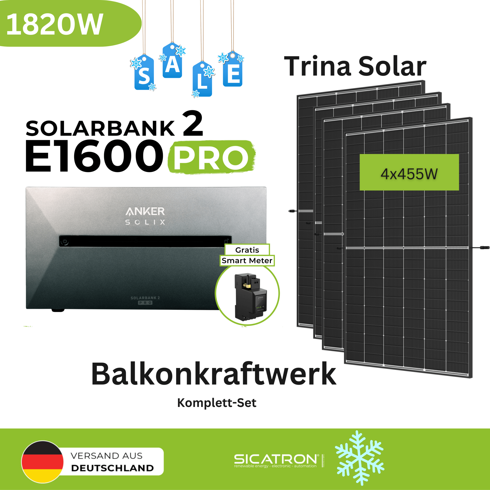 Sicatron 1820W Balkonkraftwerk - 4x 455 Trina Solar - Anker Solix E1600 Pro