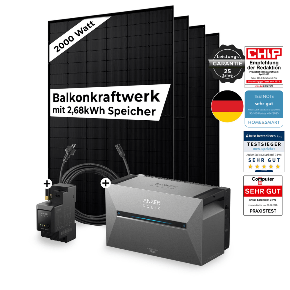 Sicatron 2000 Watt Balkonkraftwerk - 4x 500W bifazial - Anker Solix 3 E 2700 Pro
