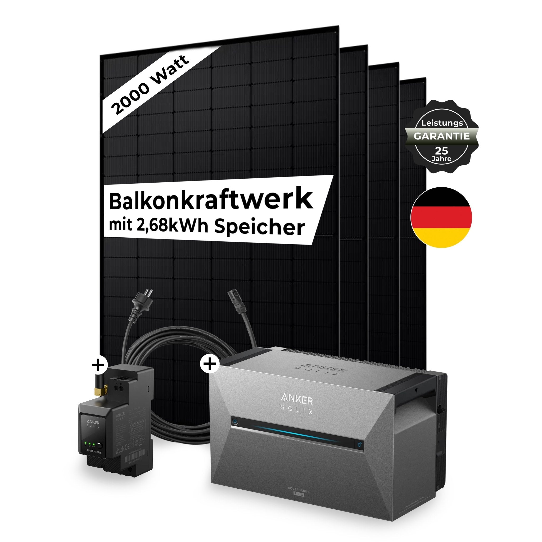 Sicatron 2000 Watt Balkonkraftwerk - 4x Jolywood 500W bifazial - Anker Solix 3 E 2700 Pro