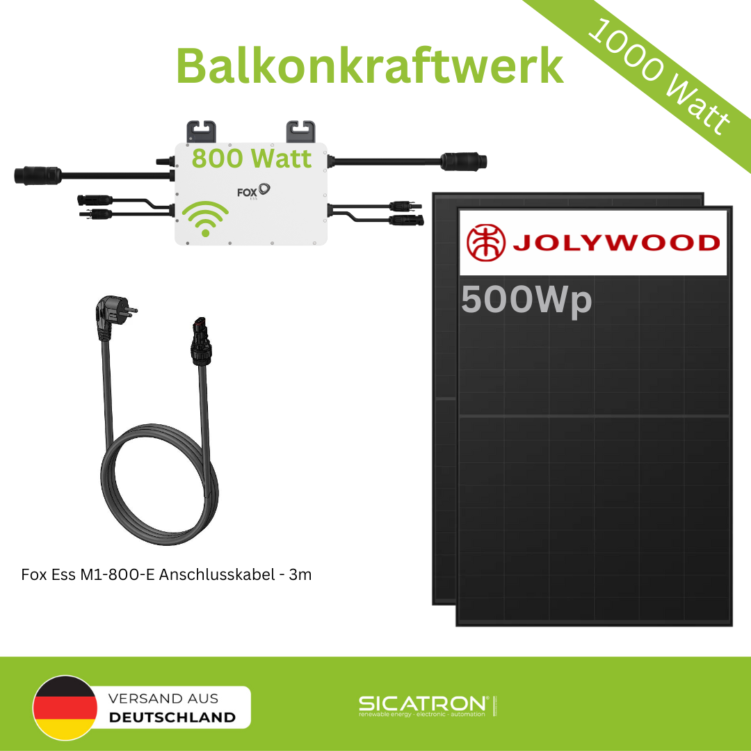 Sicatron 1000W Balkonkraftwerk - 2x 500W Bifazial Jolywood - Fox Ess M1-800-E 800 W