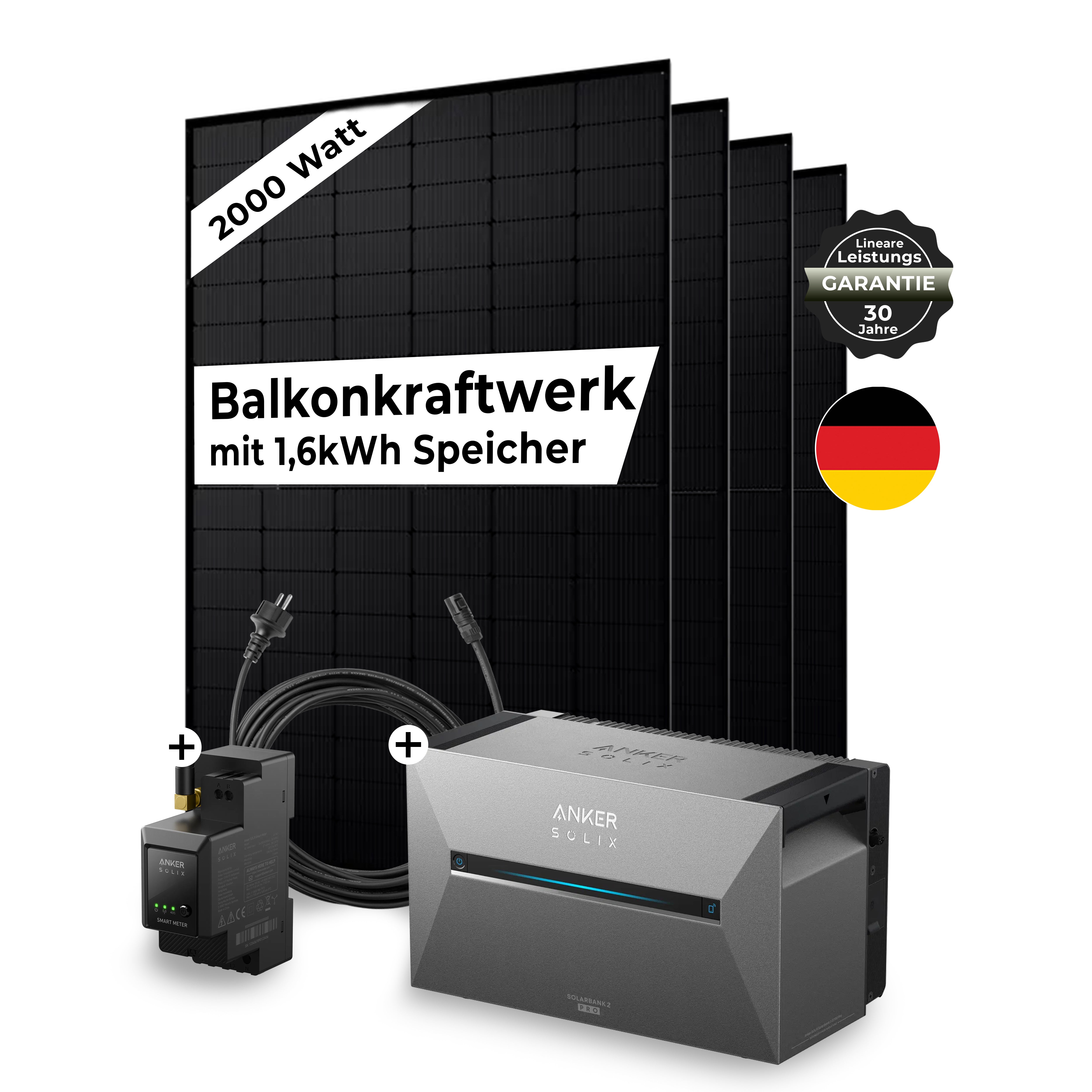 Sicatron 2000 W Balkonkraftwerk - 4x Jolywood 500W Bifazial - Anker Solix E1600 Pro