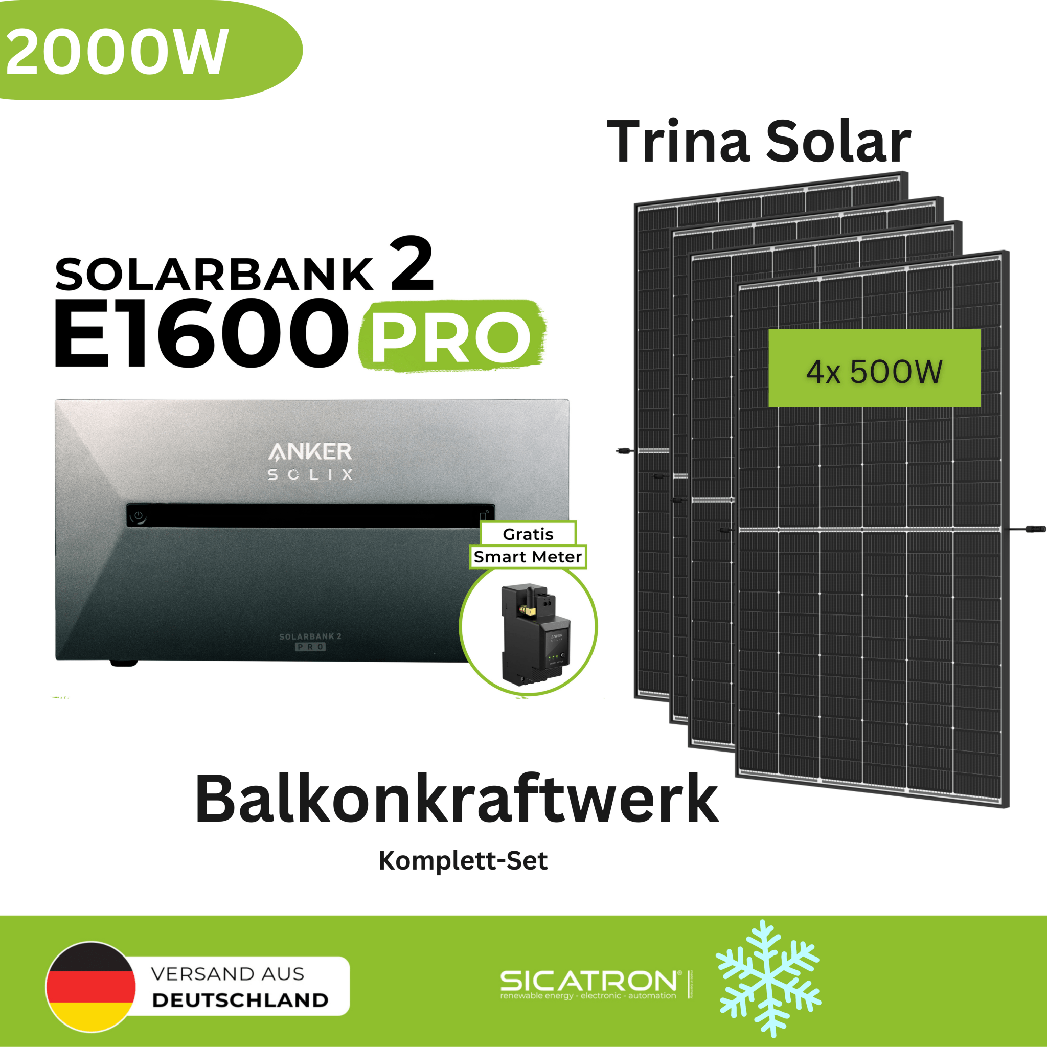 Balkonkraftwerk 2000 Watt mit Anker Speicher Solarbank 2 Pro Smart Meter Plug&Play Trina Solar 500W